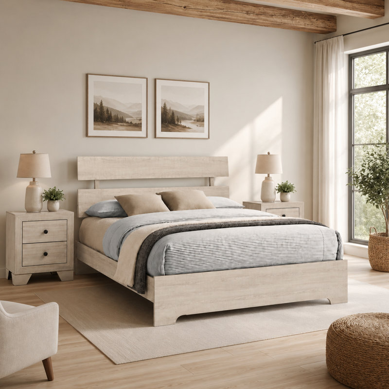Ensemble de chambre à coucher grand lit, blanc, bois noir, ensemble de 3 pièces avec 2 tables de chevet, Grand lit