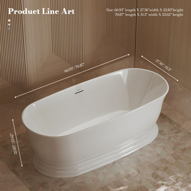 Baignoire autoportante MonBlari 67 po x 27,5 po en acrylique blanc avec trop-plein et bonde rétractable pour salle de bain
