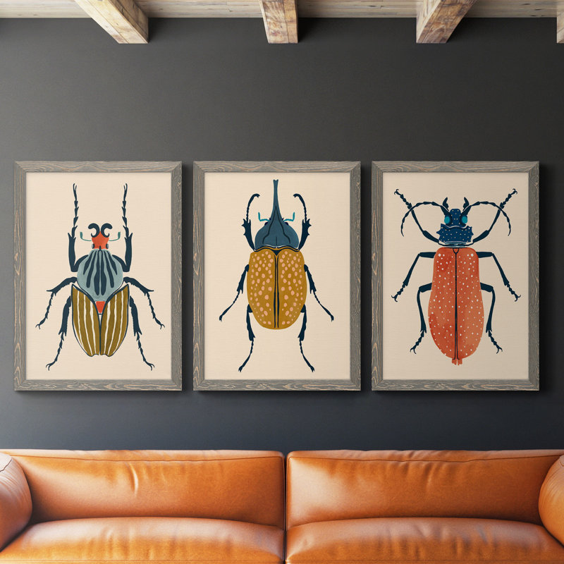Beetle Bug I - ensemble de 3 peintures sur toile encadrées, H 43,5 po x l 31,5 po x P 1 po, Gris