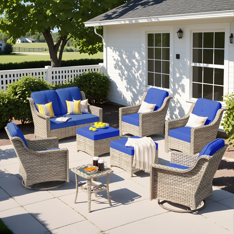Daliya Wicker 6 - Person Patio Conversation Set with Cushions, Navy