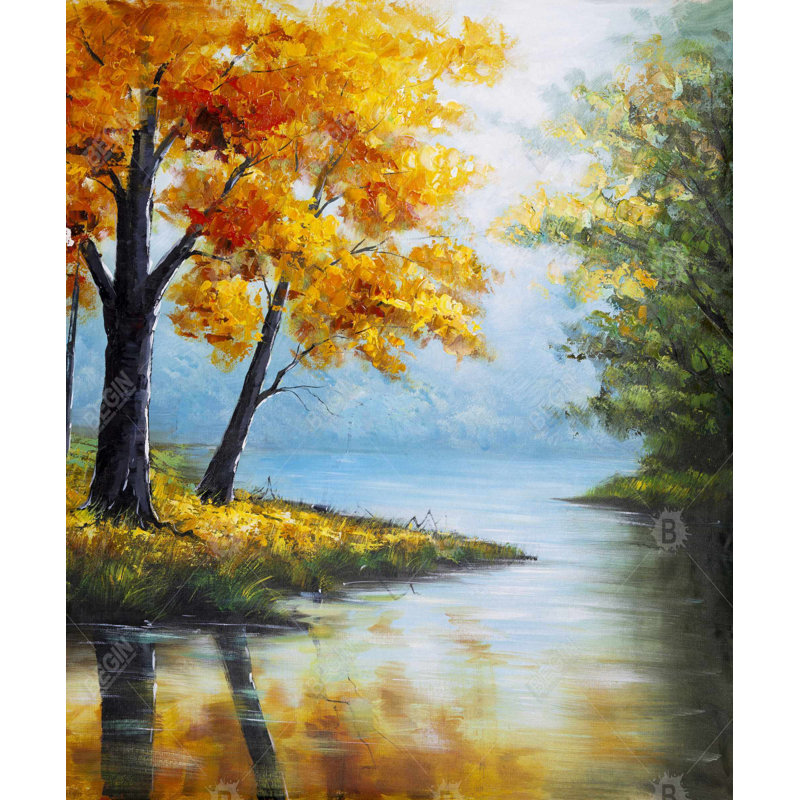 Trees by the lake - Orange Framed Canvas for Home Decor