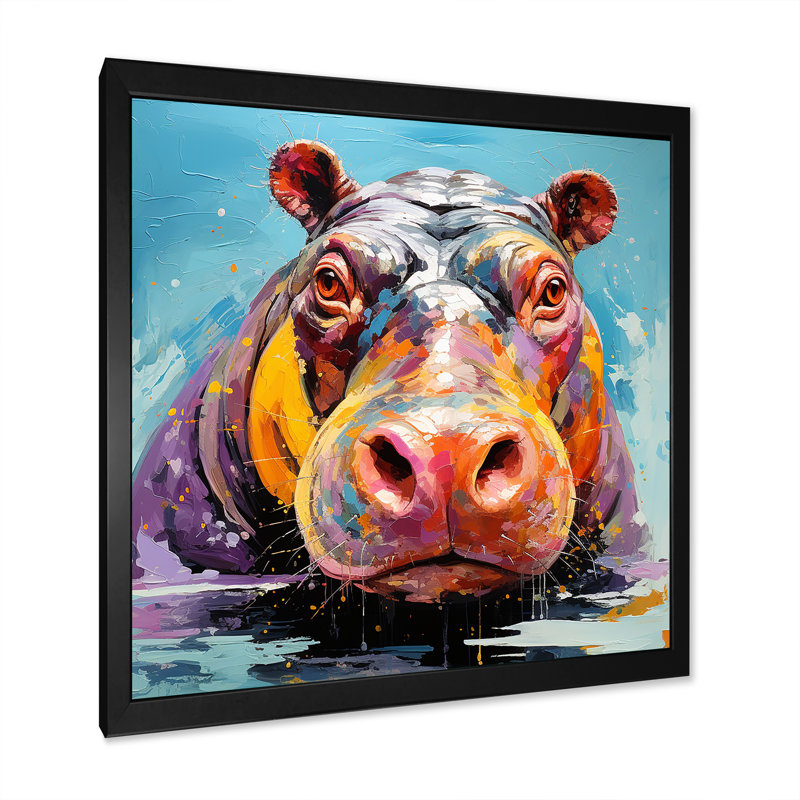 «Blue Colorful Hippo Harmony - Hippopotamus», reproduction d'art sur toile encadrée, Cadre simple noir