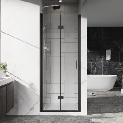 32" - 33.2" Adjustable Width Pivot Swing Panel Shower Door, 6Mm Tempered Glass, Black Finish, Reversible Installation, 180 Rotating Pivot, Bi Folding Hinges, Water Sealing Magnetic Strips Glass