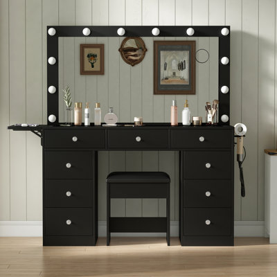 Makeup Vanity with Mirror and Lights, 3 Lighting Modes,Vanity Desk with Power Outlet ,9 Drawers Makeup Table with Chair, Glass Top vanity set