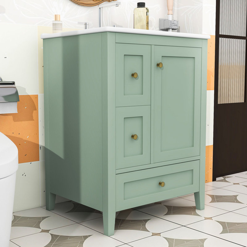 24-Inch Bathroom Vanity Cabinet with Adjustable Shelf and 3 Drawers, Green, Gold