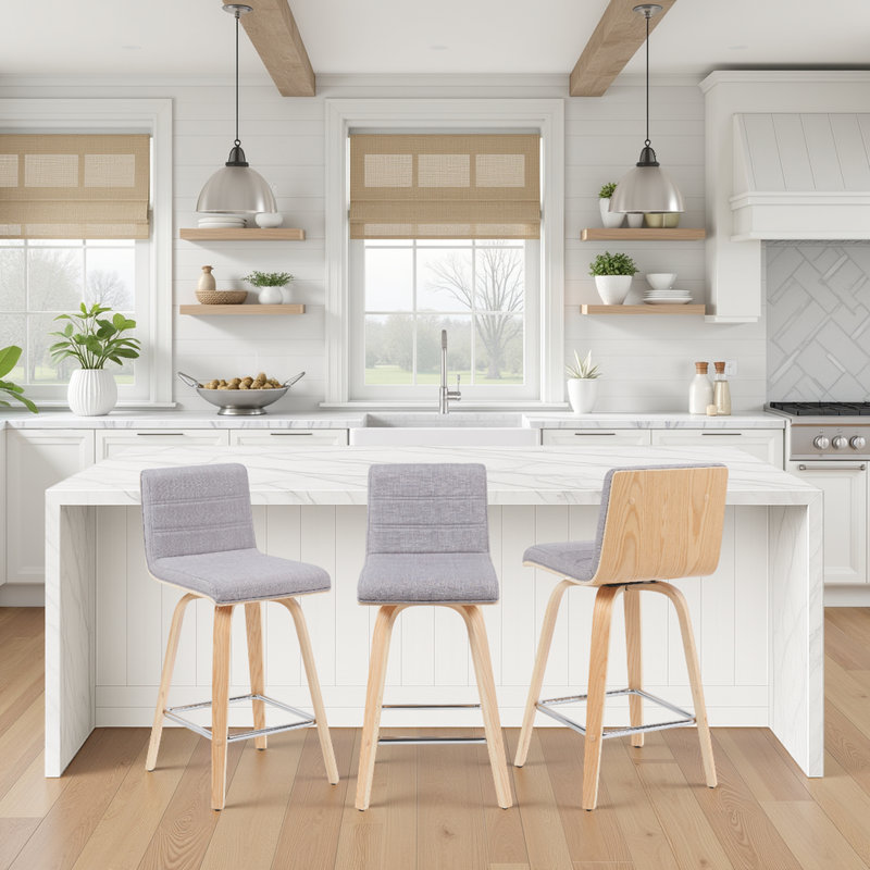 Biance Modern Swivel Counter Height or Bar Height Stool with Upholstered Seat and Wood Frame, Natural, Grey