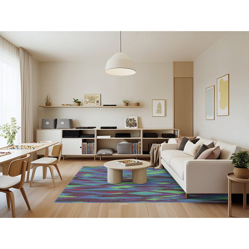 Tapis vert/brun/bleu à motif, Rectangle 7 pi x 9 pi