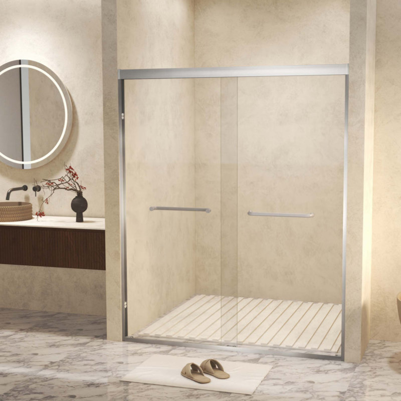 Tempered Glass With Explosion Proof Film, Aluminum Frame Double Sliding Shower Door, "1/4 (6 Mm), Stainless Steel Handle