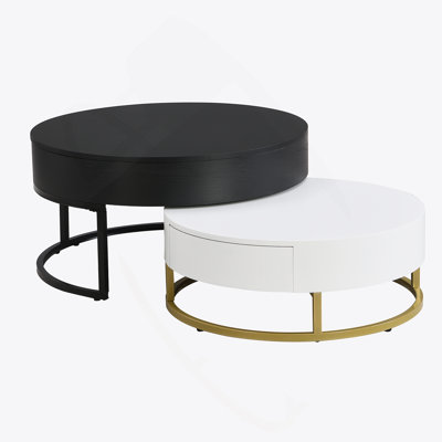 Modern Round Lift-Top Nesting Coffee Tables With 2 Drawers White & Black