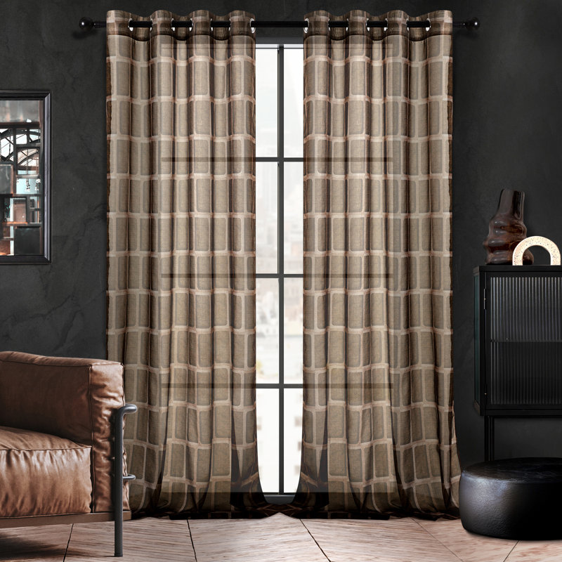 Light Filtering Sheer Grommet Curtains with Plaid Pattern (Set of 2), 52" W x 84" L, Brown