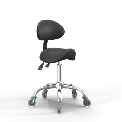 Ergonomic Saddle Stool with Premium Leather, Backrest Support, Rolling Casters, Easy to Assembly, Black