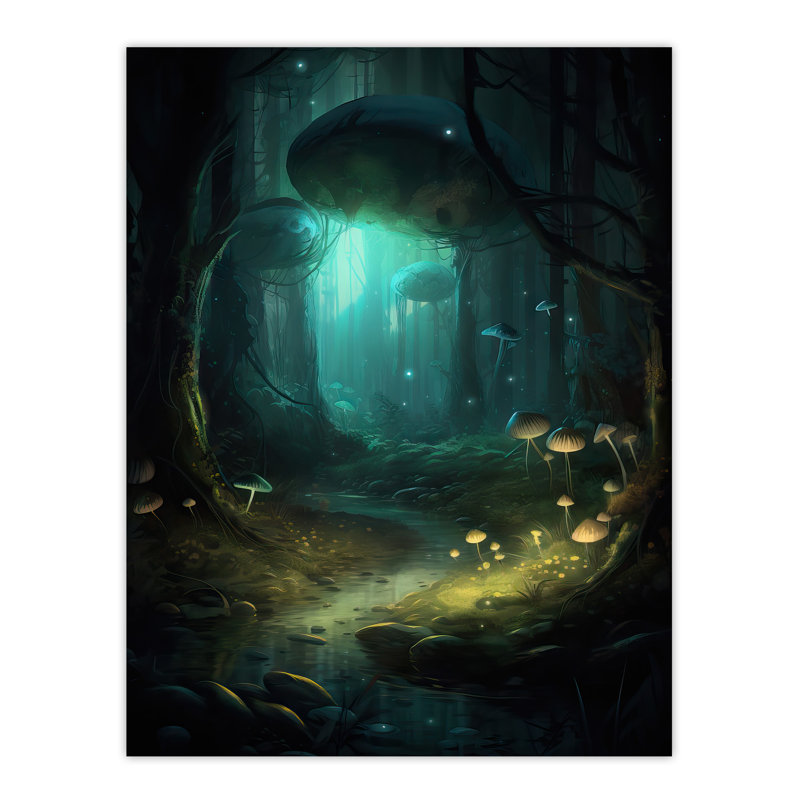 Wall Art Print Enchanted Forest With Bioluminescent Mushrooms Oil Painting Stream In Moonlit Fantasy Landscape Magical Nature Mystical Modern Poster