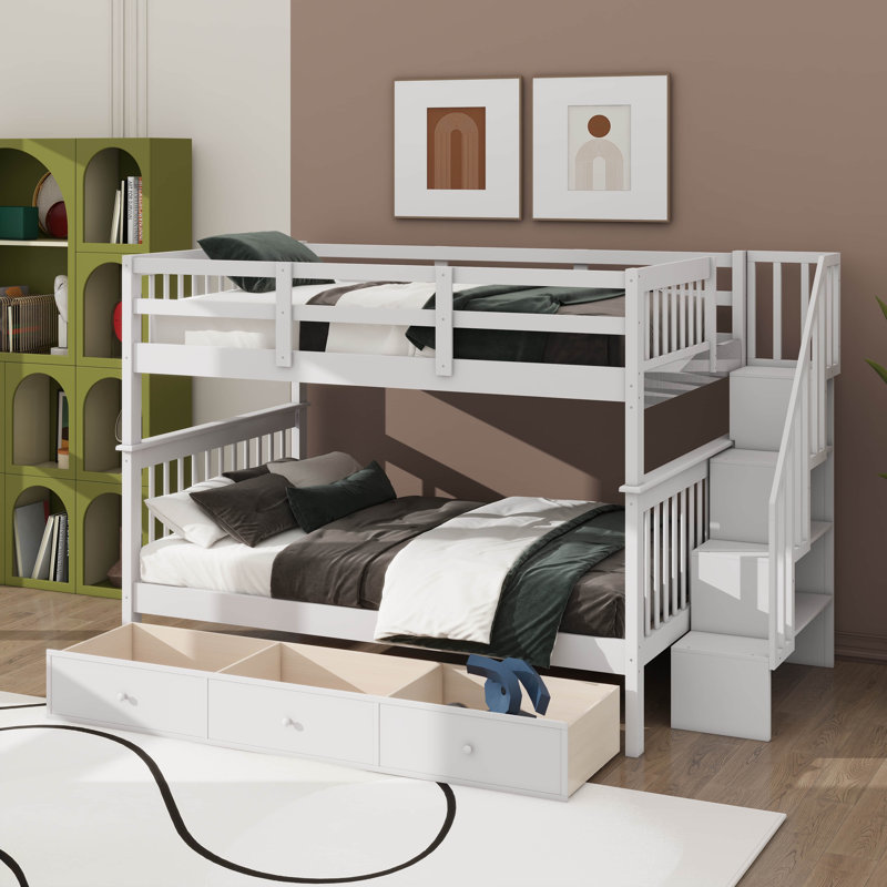 Lit superposé double sur lit double pour chambre à coucher, équipé d'un tiroir, d'un rangement et d'un garde-corps sur l'escalier
