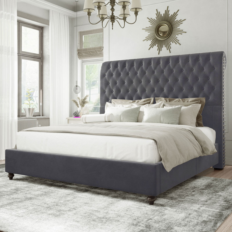 Alhaji Upholstered Wingback Bed, Queen, Dark Gray