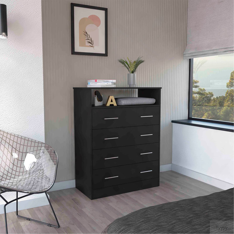 Commode 4 tiroirs Pérou, plateau supérieur, 1 tablette ouverte - noir, Noir