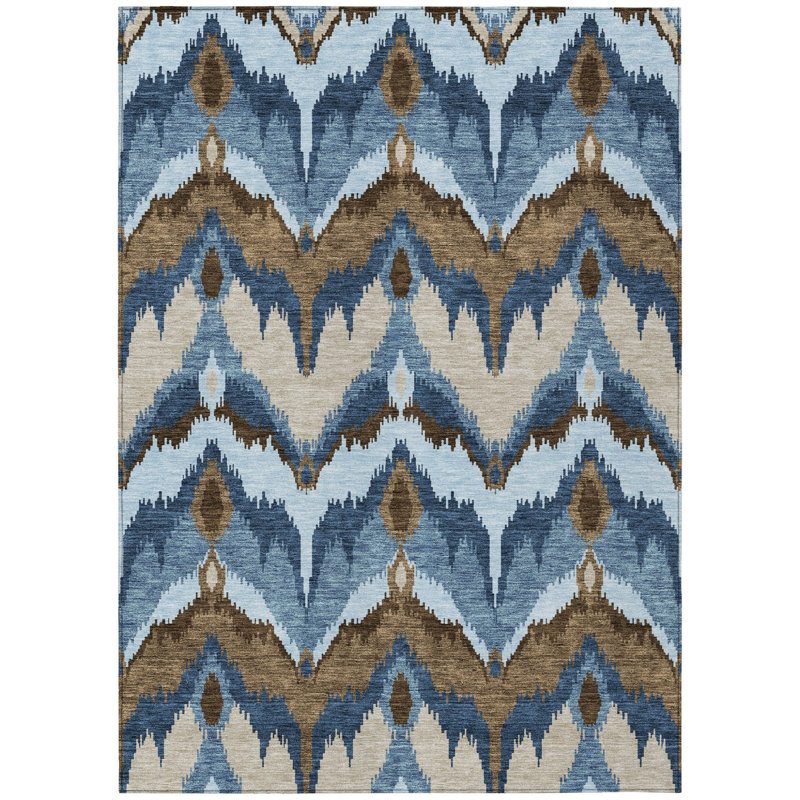 Tapis intérieur / extérieur lavable en ikat bleu et bleu ciel 3 pi x 5 pi