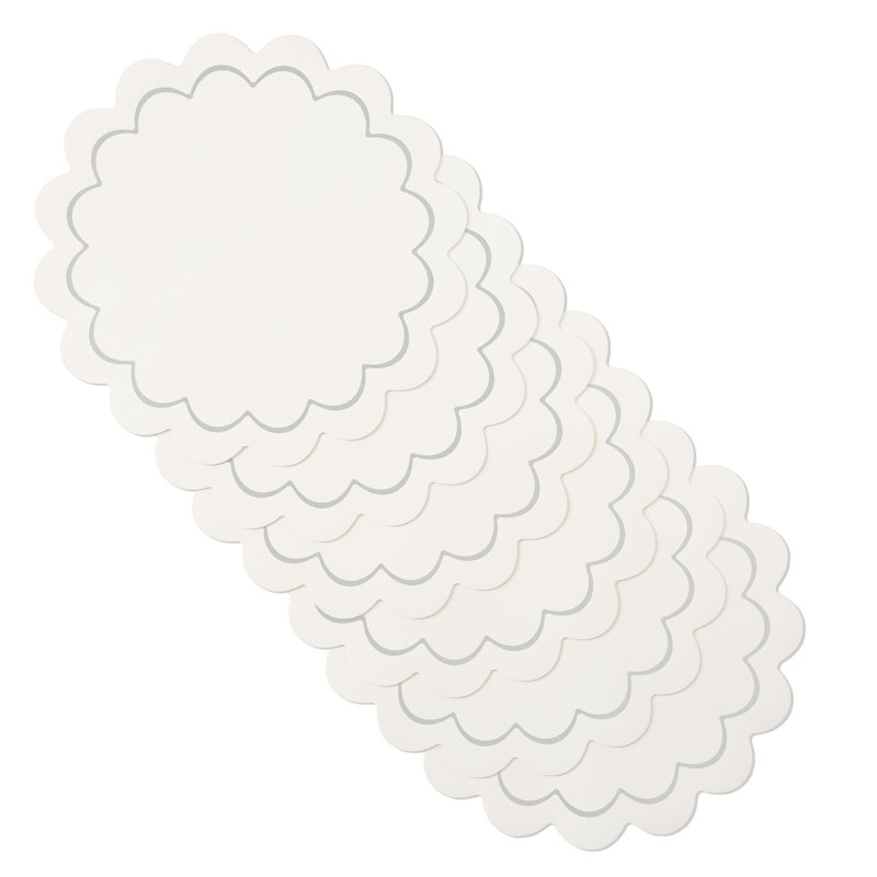 White and Silver Scallop Edge Round Faux Leather Placemats Set of 6