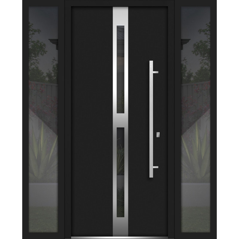 Porte avant en acier pré-suspendue à l'avant / deux émaux noirs 1755/2 fenêtres extérieures latérales / inserts en acier inoxydable peints simples modernes - l 12 + 36 + 12 po x H 80 po - Gauche