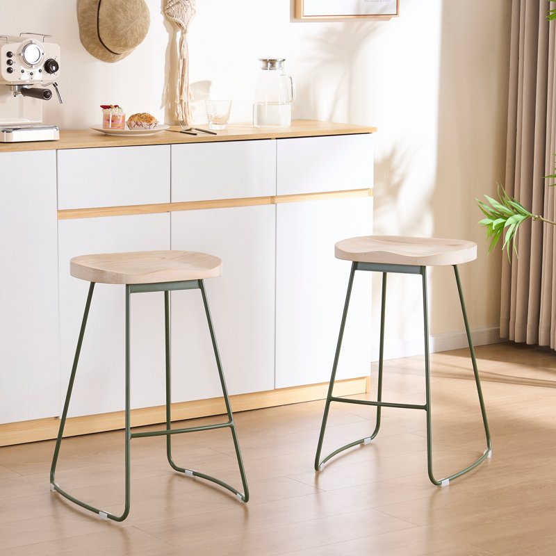 Saddle Solid Wood Backless Counter Stool, Green, Beige