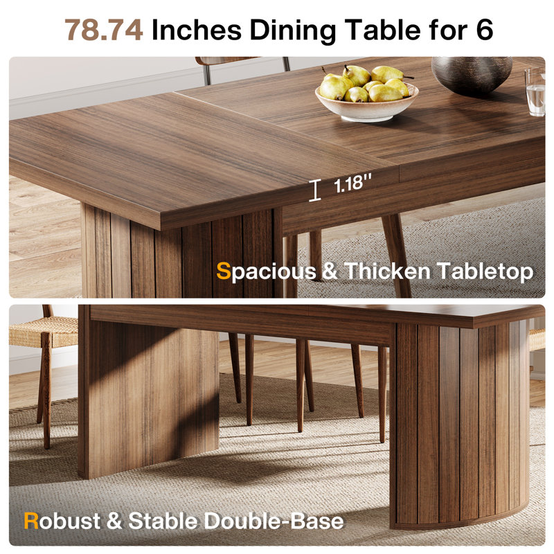 78.74" Extra Long Farmhouse Dining Table, Wooden Rectangular Dining Table With Dual Base, Walnut
