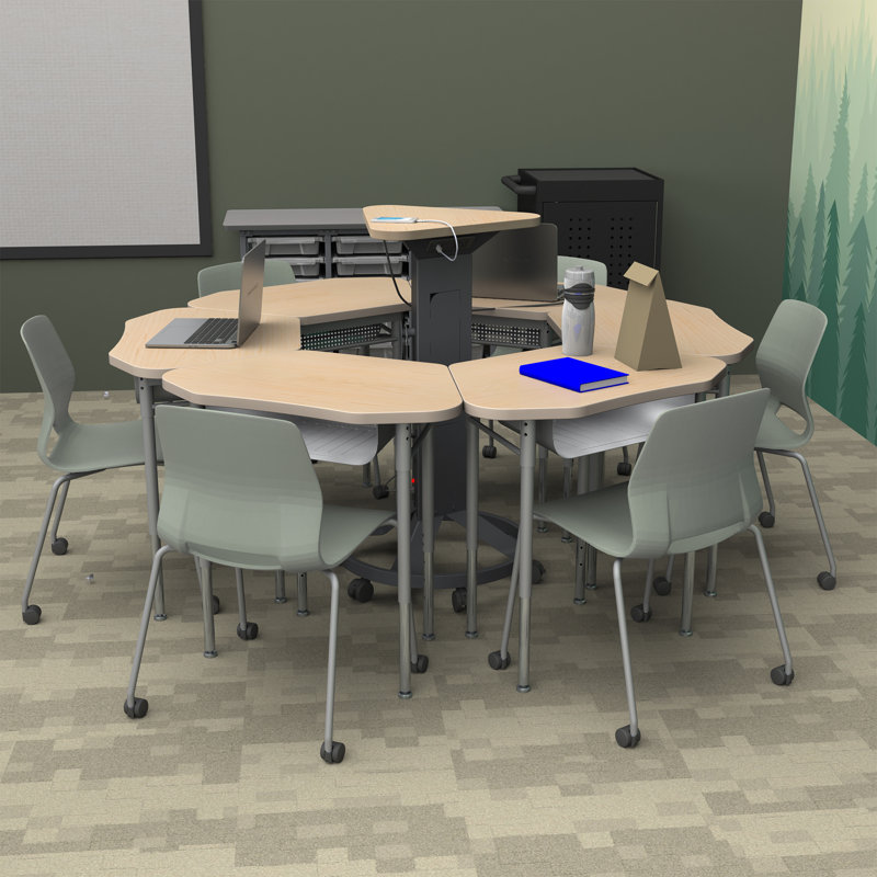 Bureau d'étudiant ouvert hexagonal à hauteur ajustable avec plateau en stratifié et boîte à livres perforée - Maison, bureau et salle de classe