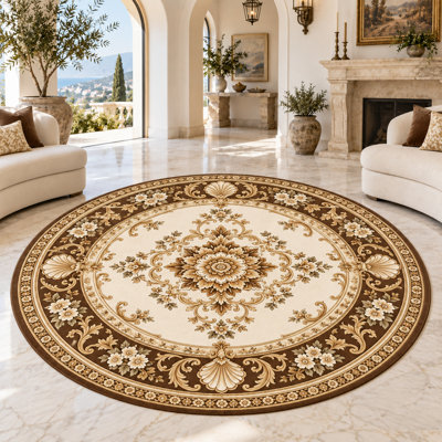 Tapis rond « ultra mince » 183 x 183 cm à motif d'étoiles et de feuilles ornementales, idéal pour le salon, la chambre et le bureau à domicile. Tapis d'intérieur doux à poils courts avec envers antidérapant en silicone.