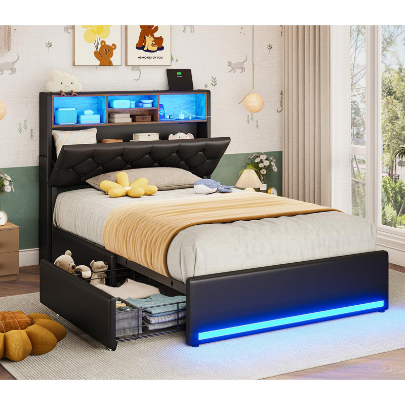 Lit plateforme tapissier avec rangement, Noir, Lit simple