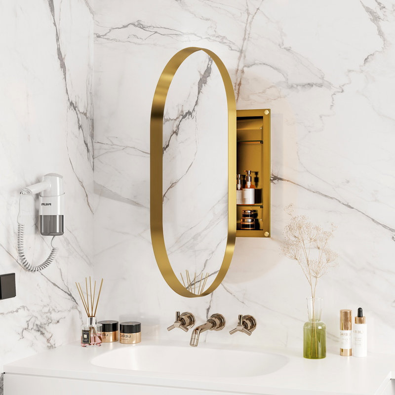 20X34 Inch Oval Recessed Medicine Cabinet, Metal Framed Bathroom Wall Cabinet With Mirror And Adjustable Shelves, Wall Mirror With Storage For Bathroom