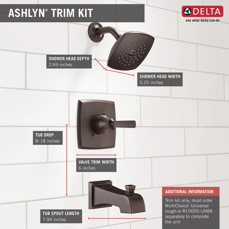 Ensemble de robinet de douche de baignoire à fonction unique Ashlyn 14, ensemble de garniture de valve de douche