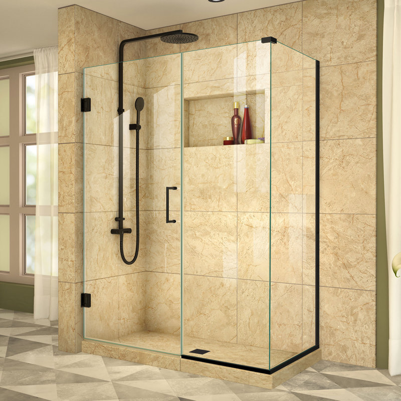 Unidoor Plus 48.5" W x 30.375" D x 72" H Frameless Pivot Rectangle Shower Enclosure with Fixed Panel, Matte Black