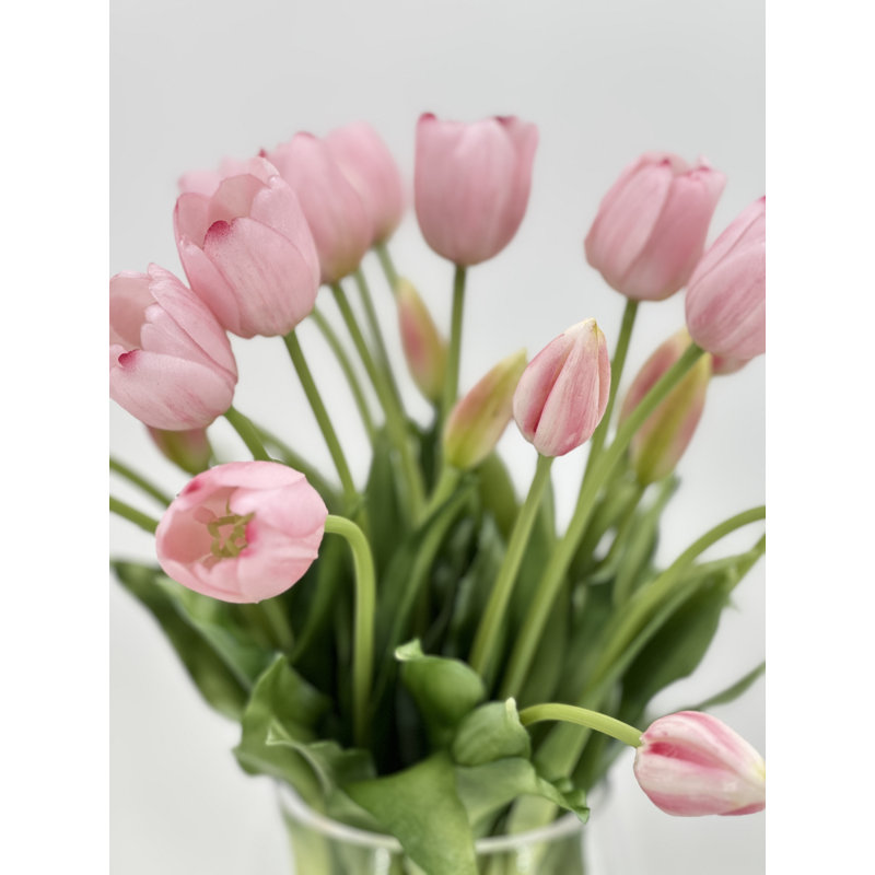 Tulipes artificielles Real Touch dans un vase en verre , Rose clair