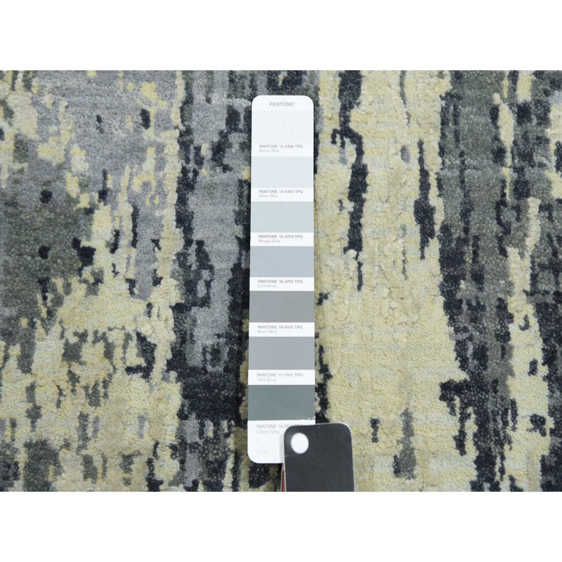 Tapis de couloir oriental noué à la main 2 pi 7 po x 12 po 2 po gris anthracite en laine et soie à motif abstrait noué à la main
