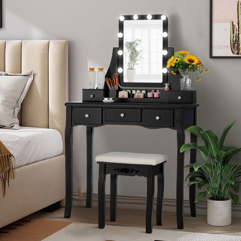 Ensemble coiffeuse et tabouret en bois Pylesville, Noir
