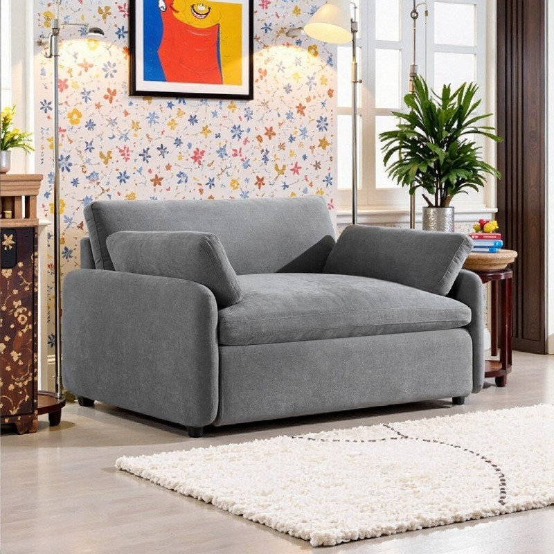 Fauteuil simple en chenille avec assise large, structure en bois massif, pieds en plastique, Gris