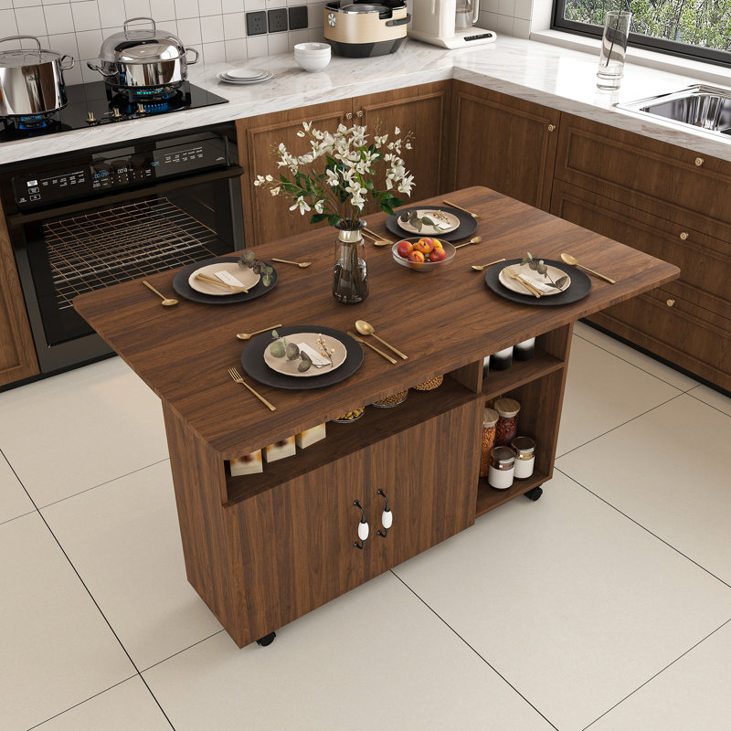 27.5" Wide Drop Leaf Folding Dining Table With Storage Shelves And Locking Wheels, Manufactured Wood, Brown