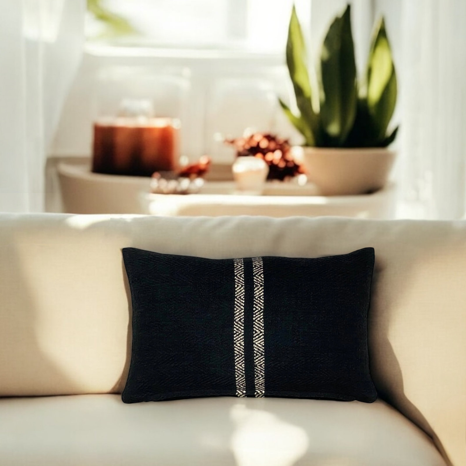PILLOWPIA Hugh Cotton Lumbar Pillow Cover with Chevron Pattern and Brass Zipper Accent, Black