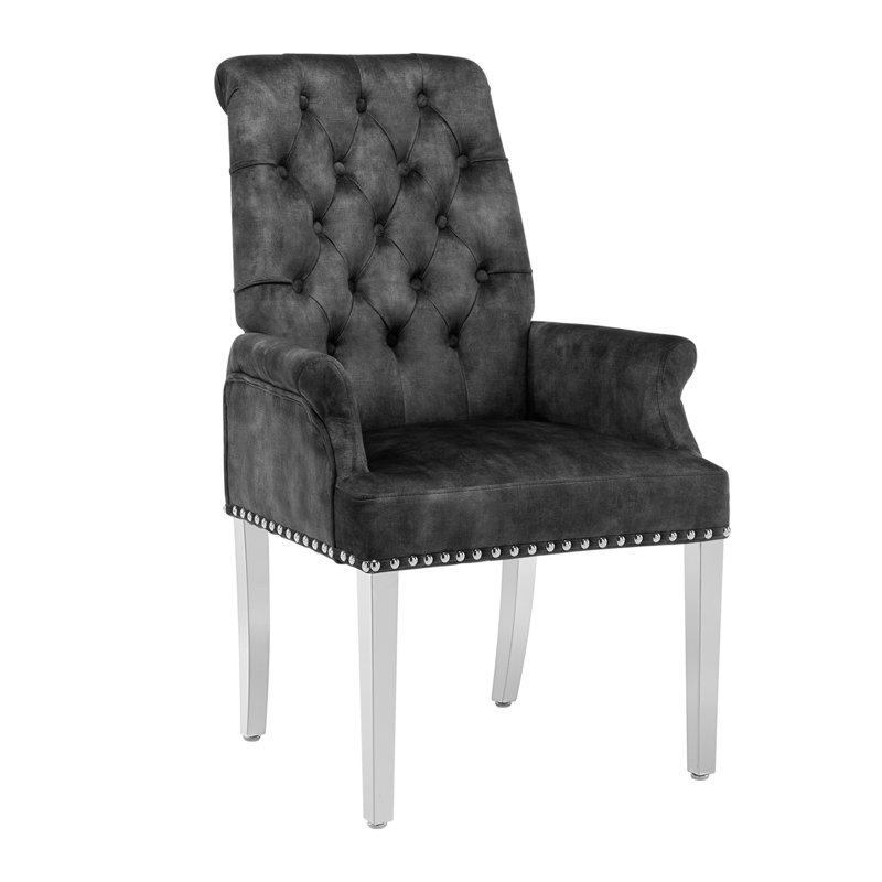 Upholstered Tufted Arm Dining Chairs, Velvet Dark Gray