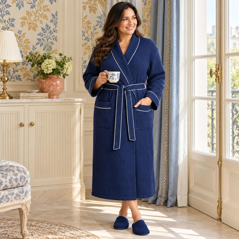 Peignoir gaufré LOTUS LINEN, S, Bleu marine