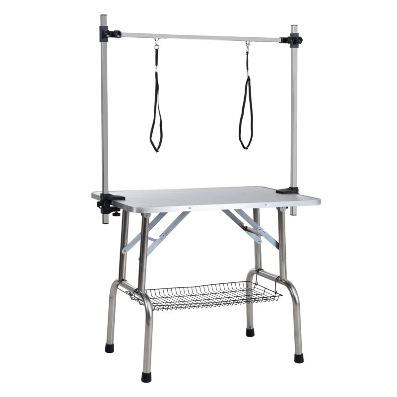 Table de toilettage pour chien 46 po pliante avec cadre en acier inoxydable avec accoudoirs et pinces réglables