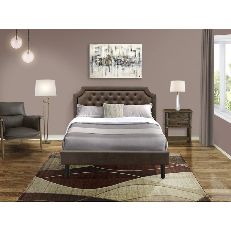 Ensemble de meubles de chambre à coucher 2 pièces avec lit plateforme capitonné et 1 table de chevet Jacobean vieillie - Similicuir brun foncé avec texture noire et pieds noirs