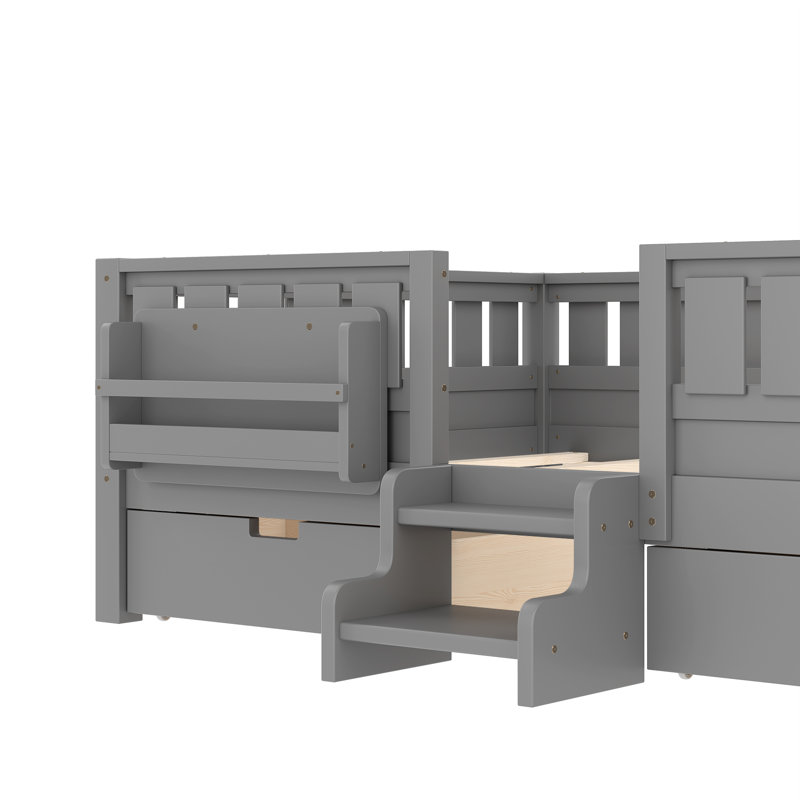 Full Kids Floor Bed with Stairs, Rails and Slats,Full Size Montessori Floor Bed with Bookshelf and 2 Storage Drawers,Easy Assemble Montessori Beds Frame,Gray