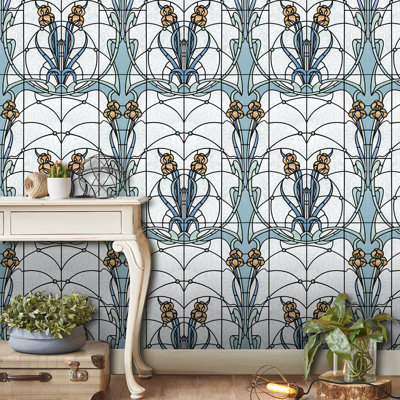 Papier peint floral vitrail bleu