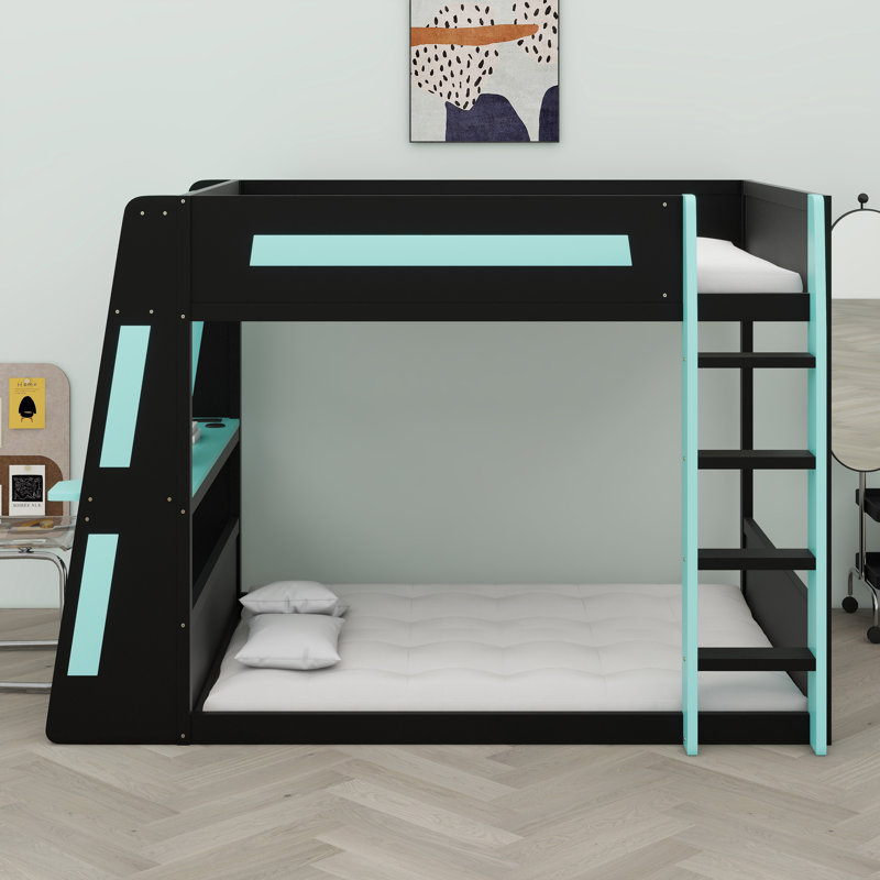 Lit superposé en bois avec bureau, Noir / Bleu