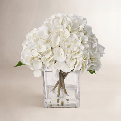 Artificial Hydrangea Flowers In Glass Vase 12In - White Faux Hydrangea Arrangement With 90 Blooms, Real Touch Hydrangea Centerpiece For Home Table Dining Room Wedding Decor Indoor
