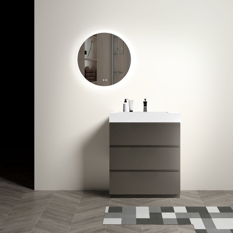 30" Gray Bathroom Vanity Sink - Modern, Big Storage, Sleek Gray, Silent Smooth Large, Gray, White, 29"