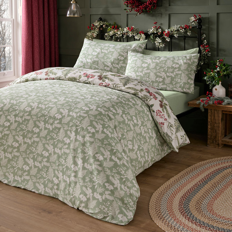 Winter Sprigs Cotton Floral Duvet Cover Set with Pillowcases Included, Super King Duvet Cover + 2 Standard Pillowcases