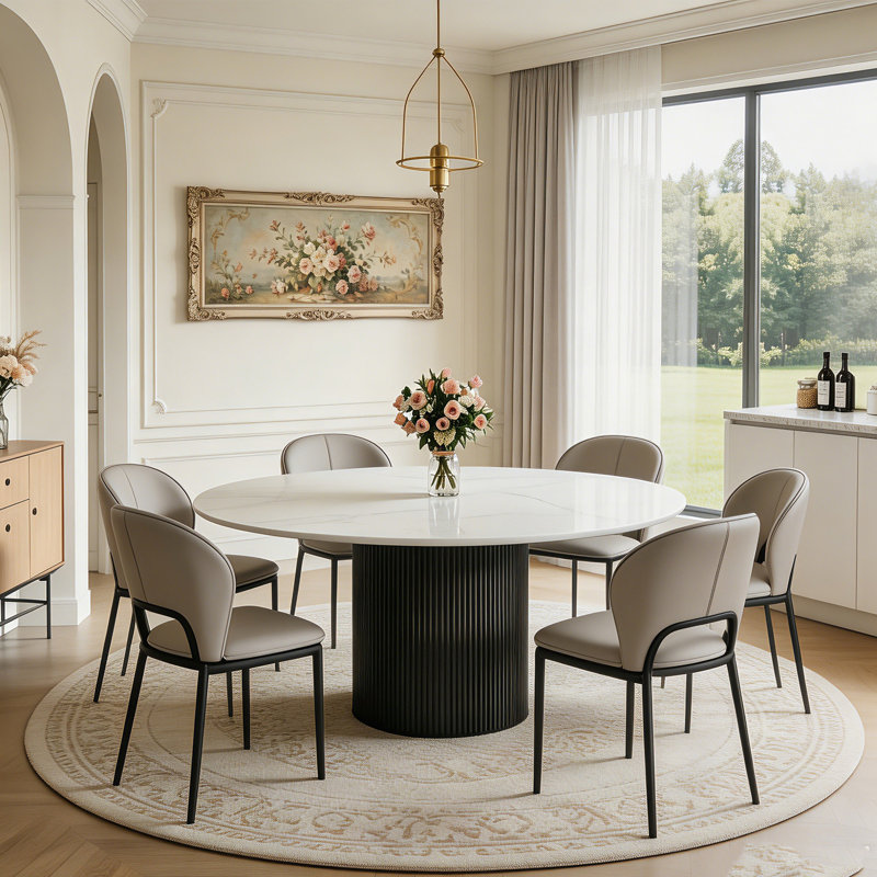 59 Inch Round Sintered Stone Dining Table Set with 6 Upholstered Chairs, Circular Dinner Table with Fluted Pedestal Base for Home Dining Room