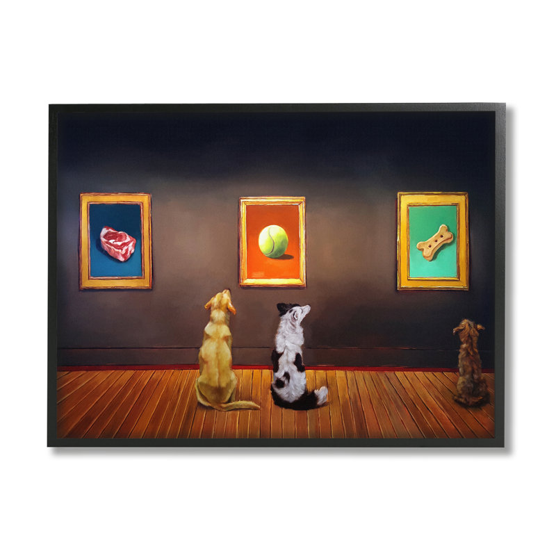 Drôle de chien au musée Gallery par Lucia Heffernan, peinture sur bois à cadre flottant, Giclée encadrée noir minuit