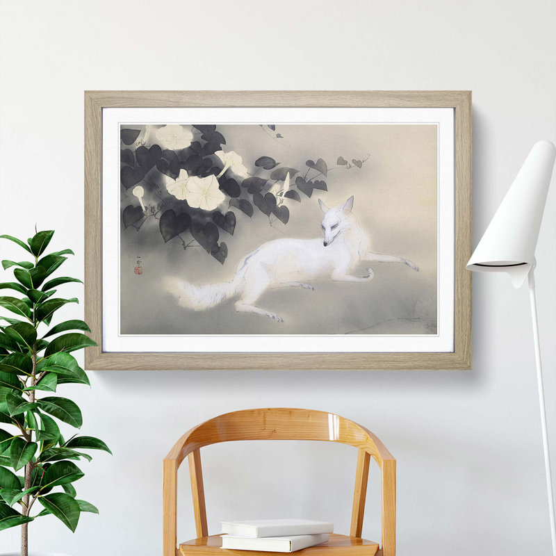 White Fox by Kansetsu Hashimoto - Picture Frame Painting Print, 36cm H x 48cm W x 2cm D, Oak Framed
