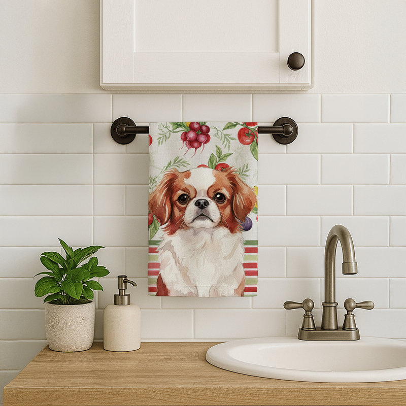 Red and White Japanese Chin Vegetables Kitchen Towel, Red/White Japanese Chin